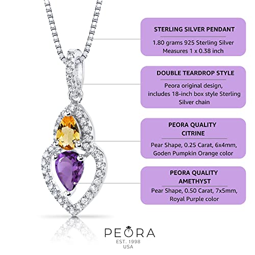 PEORA Amethyst and Citrine Pendant Necklace 925 Sterling Silver, Genuine Gemstone, Double Pear Shape 0.75 Carats total with 18 inch Chain, Real Purple Amethyst Necklace, For Gifts & Everyday Wear - Image 6