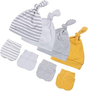 4 Sets Infant Beanies Caps with Scratch Mitten Pack Newborn Hospital Hats Mitten Set for Baby Girls Boys