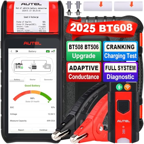 Autel MaxiBAS BT608 (E) Battery Tester, 6V-12V Cranking Test & Charging Alternator Load 100-3000 CCA Voltage Test, Full Diagnostic as MK900 MX900 MK808S, w/Built-in Printer, Up of BT508 BT506, 5.5’’
