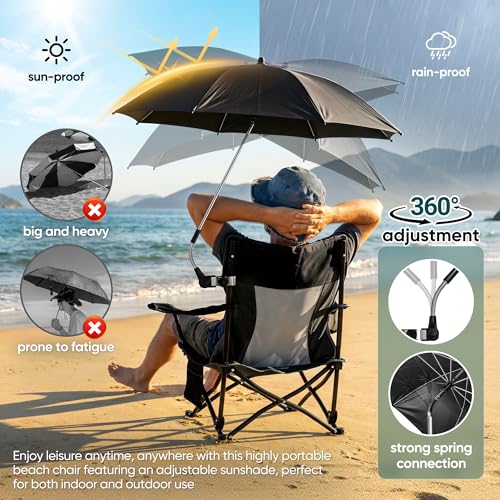 Image of HaSteeL Low Beach Chair Set of 2, Foldable Black Camping Chair with Adjustable Umbrella Set for Adults, Lightweight Portable Lawn Chairs for Fishing, Picnic, Outdoor BBQ, Travel, Sports