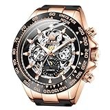 OLEVS Orologio da uomo automatico con 3ATM impermeabile multi calendario fasi lunari scheletro cinturino in silicone Business Classic Diamond orologio da polso di lusso, Oro-6713