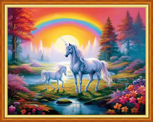 Image of Redxing Stamped Cross Stitch Kits Full Range of Embroidery Starter Kits- Needlepoint Counted Cross Stitch Kits for Beginner Adults 11CT Printed Embroidery Kit-Rainbow Unicorn 16x20 inch
