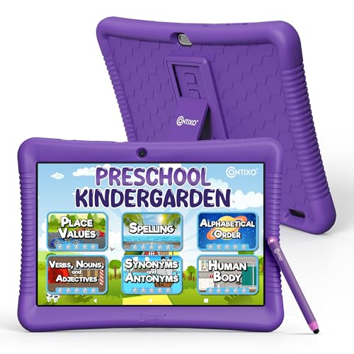 Image of Contixo K102 10 inch Kids Tablet Bundle - Wireless Kids Headphones, 32GB, Learning Educational Apps, Parental Controls, Dual Cameras, Shockproof Case with Kickstand & Stylus, Ages 3-7 - Purple