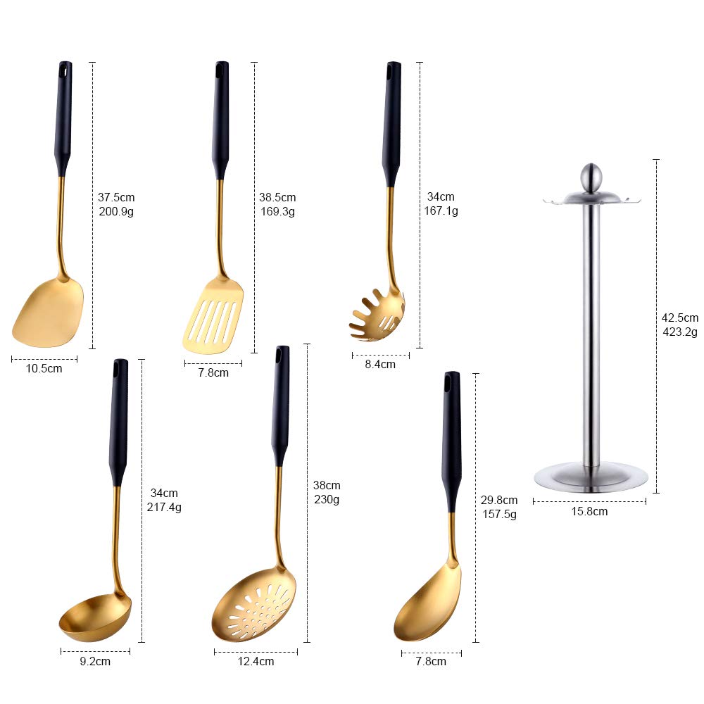 Buyer Star Ustensiles de Cuisine 6 pièces Acier Inoxydable Écumoire Louche Spatule de Cuisine Tourneur à Fente Riz Pasta Server avec Support
