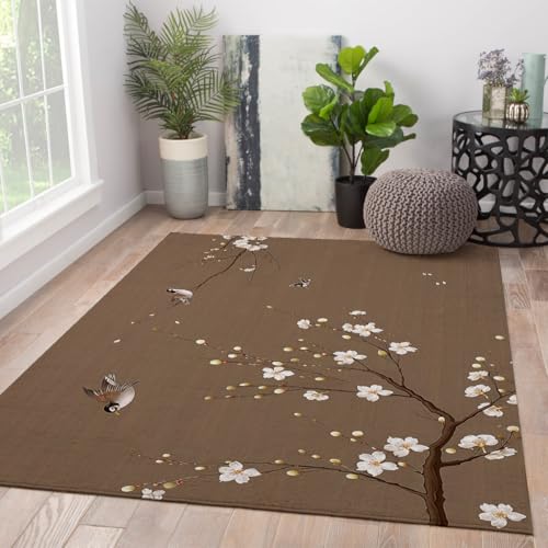 Tapis de salon doux antidérapant motif oiseau et sakura