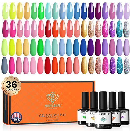 Modelones Gel Nail Polish Set, 36 Pastel Spring Summer Rainbow Colors 7ML Soft Pink Red Green Neon Gel Polish Glitter Soak Off LED Gel Nail Polish Kit Nail Art for Starter DIY Holiday Gift
