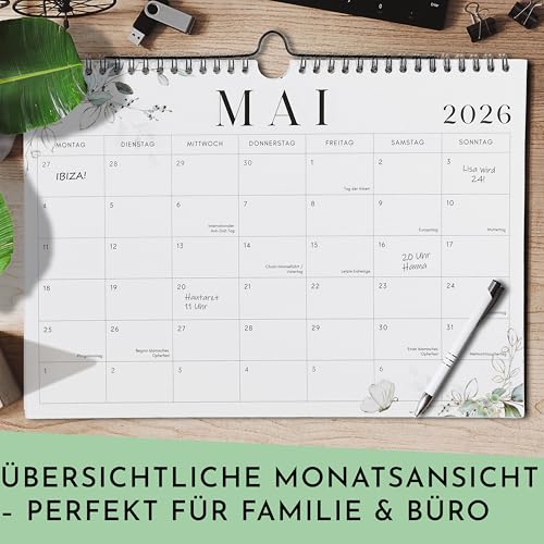 CraftWerk Wandkalender 2026 - Monatskalender im A4 Querformat - Ideal als Geburtstagskalender, Paarkalender und Familienplaner für Zuhause und Büro - mit Druckfehler