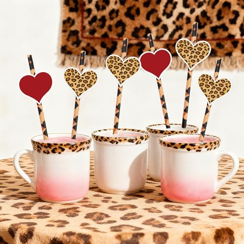 50 pitillos de papel rojos con diseño de corazones y leopardo miniatura 3