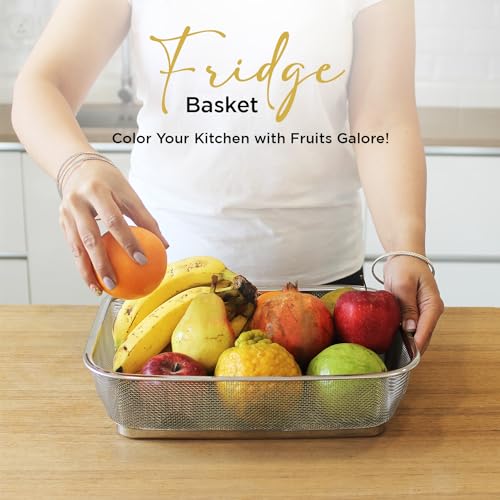 Image of Zupa Rust-Proof Stainless Steel Rectangular Strainer & Storage Basket | Multipurpose Fruit, Vegetable & Fridge Organizer (Silver) | 34 X 26 X 8 CM