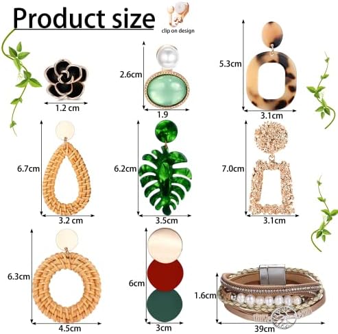 Diamday 8 Pairs Clip on Drop Earrings for Women Bohemian Rattan Drop Dangle Earrings Lightweight Geometric Acrylic Hoop Earrings Non Piercied Clips Jewelry