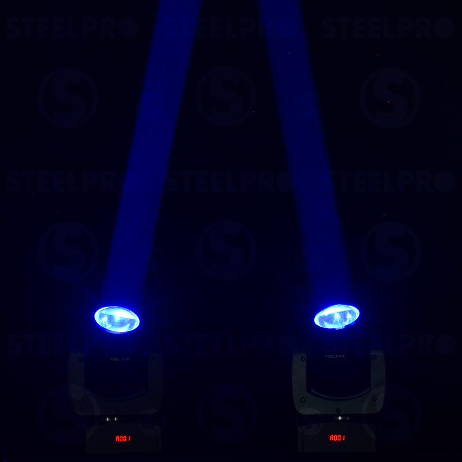Two STEELPRO Beam 80H lights projecting blue beams.