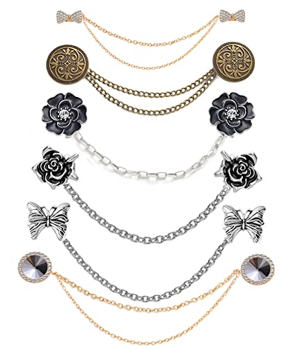Ofeiyaa 6 Pcs Antique Sweater Shawl Clip Chain Renaissance Style Rose Bowknot Brooch Flowers Pin Gold Sliver for Women Men