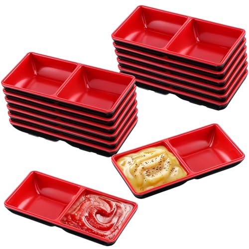 Tolare 14 Pcs Dual Compartment Sauce Bowls & Soy Dish Set with Dipping Dish Tray, Divided Dipping Sauce-Plates for Sushi, Appetizers (Black/Red, Melamine Resin)