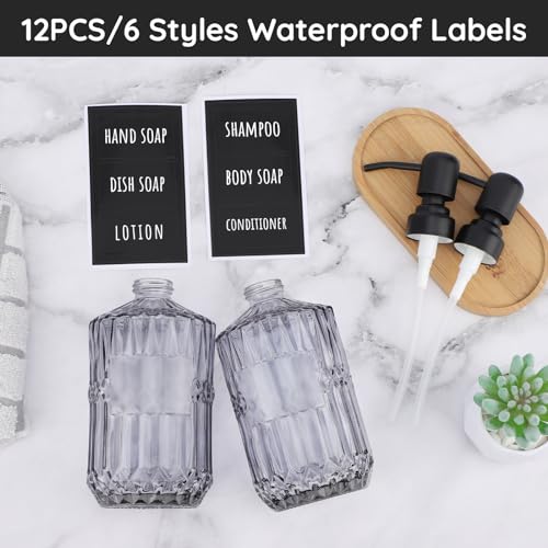 Image of Segbeauty Glass Soap Dispenser Refillable, 2 Pack 15.2oz Modern Farmhouse Decor Pump Bottles with Labels, 450ml Western Decor Hand Soap Dispenser Set Liquid Gel Container for Bathroom Kitchen Gray