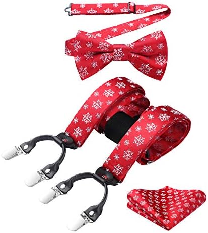 HISDERN Mens Braces Bowtie Set Christmas Festival Suspenders Pocket Square Adjustable Y Shape with Strong Clips Fun Santa Pattern Braces for Men