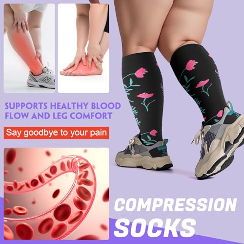 Image of 4 Pairs Plus Size Compression Socks,Extra Wide Calf 20-30 mmHg Knee High Compression Socks for Men Women Circulation