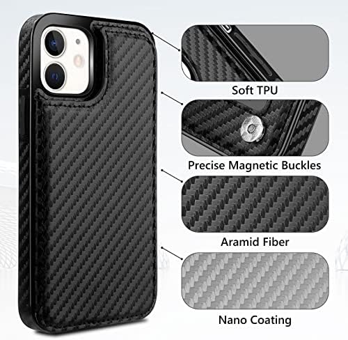 VUNAKE for iPhone 12 Case iPhone 12 Pro Phone Case Aramid Fiber Card Slots Case Filp Wallet Case with Card Holder Slim Thin Magnetic Clasp Durable Shockproof Protecive Cover for iPhone 12/12Pro,Black