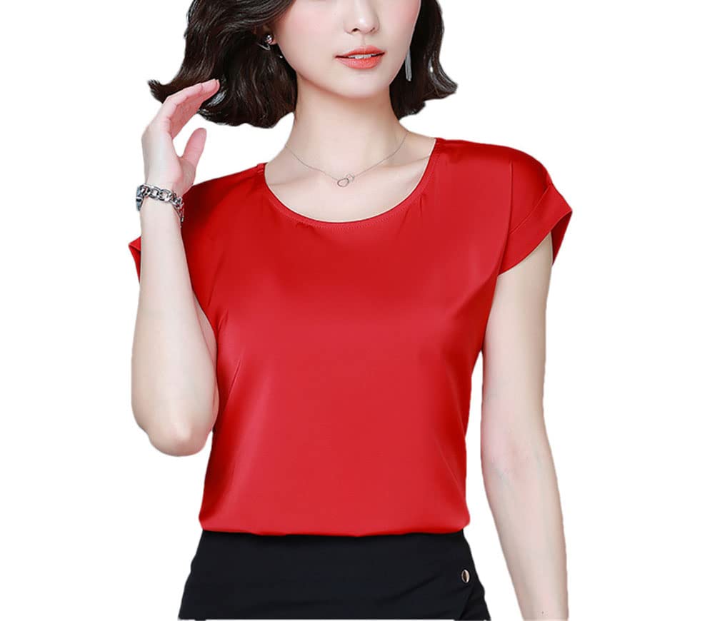 Chemisier d'été col rond FULBHPRINT en soie unie top manches courtes femme chic