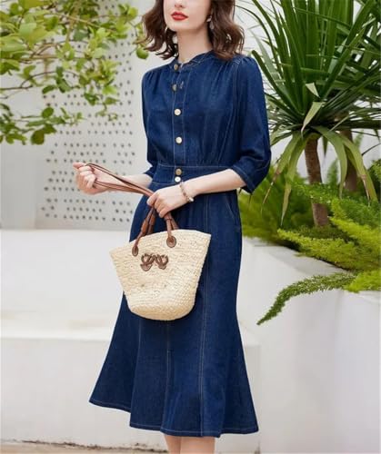 Womens Retro Style Casual Denim Dress Round Neck Three Quarter Sleeve Slim Fit A Line Fishtail Dress4