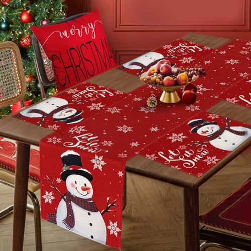 Christmas Placemats Set of 4, 12 x 18 Inch Snowman Placemats with 13x72 Inch Snowman Table Runner Let It Snow Placemats Washable Table Mat for Christmas Kitchen Dining Table Decorations