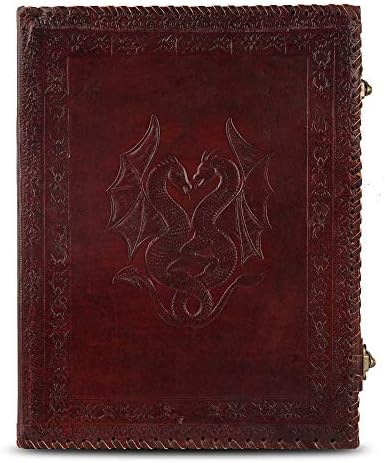 Wellbourne Leather Bound File Folder Portfolio A4 Handmade Expandable Resume Padfolio Embossed with Double Dragon Document Organizer for Office - Brown (10x13 inches)