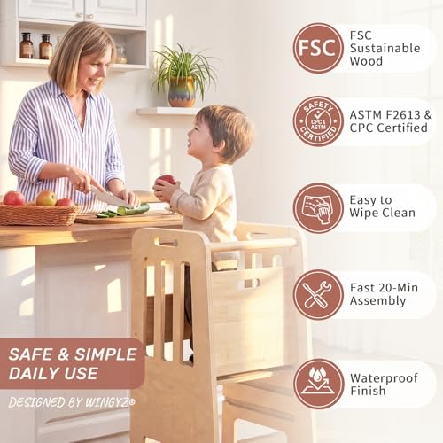 WINGYZ Toddler Tower - Anti-Tip Natural Wood Learning Stool Helper for Kids 18M-6Y, 150lb Capacity Kitchen Stool with 3-Height Adjustable Platform and Sliding Door Access, 20lb Portable Design, Wood by WINGYZ - Image 3