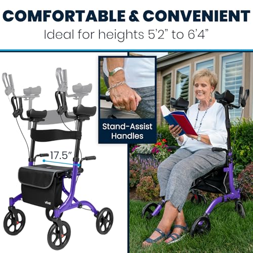 Vive Mobility Upright Walker with Seat - Stand Up Rollator, Arm Rests, Heavy Duty, Folding Medical Aid Scooter for Elderly, Seniors - Walking Assist, Foldable Transport Chair - 300 lb Capacity