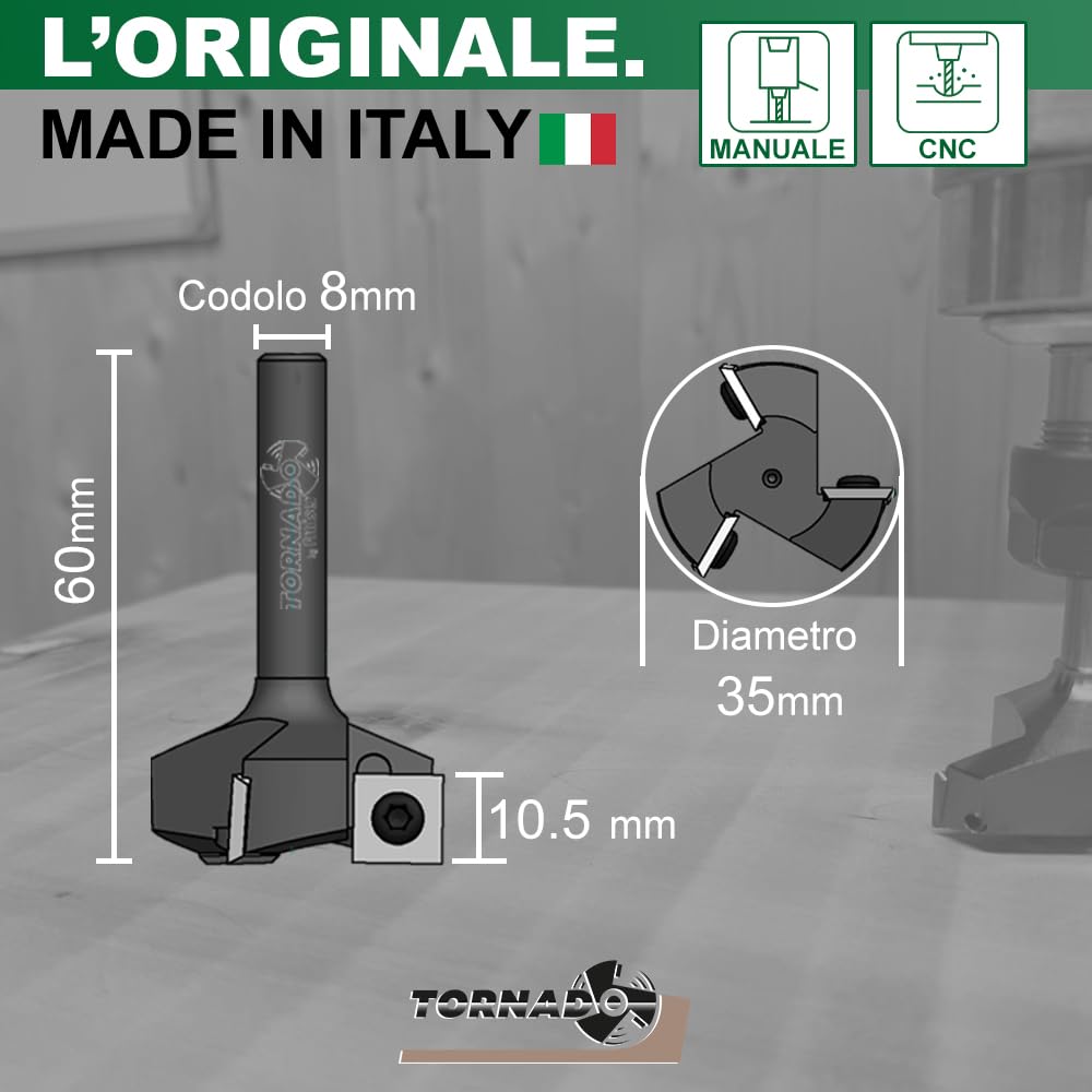 Fraiser Tornado - fresa per spianare legno diametro 35 mm, gambo 8 mm, con 3 inserti intercambiabili in metallo duro 10.5 mm, per livellare, bordi e scanalature - per CNC e fresatrice verticale