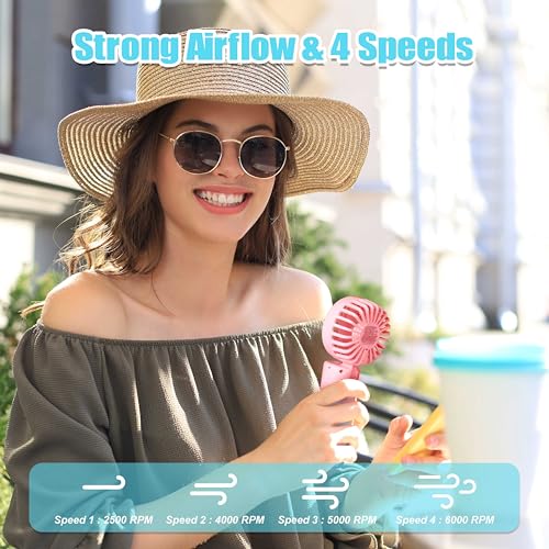 Frelisiy Handheld Misting Fan, Multi-purpose for Portable Mini Mister Neck Fan, 1500mAh Desk Fan, 4 Speed Adjustable, Suitable for Women, Home, Office, Travel (Pink)