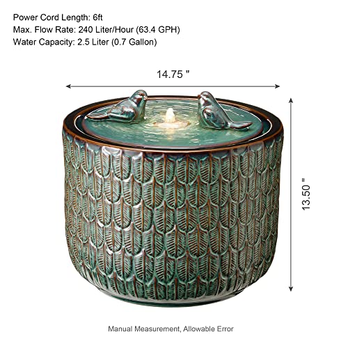 Glitzhome 14.75"H Outdoor Garden Water Fountain With Led Lights And Pump, Turquoise Two Birds Embossed Leaf Pattern Cylindrical Ceramic Floor-Standing Fountain For Porch Deck Patio Backyard Decoration #TOP5