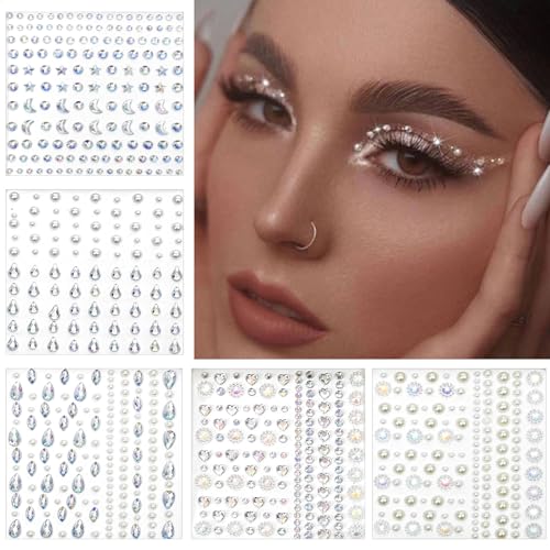 NATOSU 5 Piezas Piedras Brillantes Cara, Piedras Cara Autoadhesivas, Piedras Brillantes Plata, Diamantes de Imitación Autoadhesivos para Cara, Ojos, Cuerpo, Uñas, para Festival, Carnaval, Maquillaje
