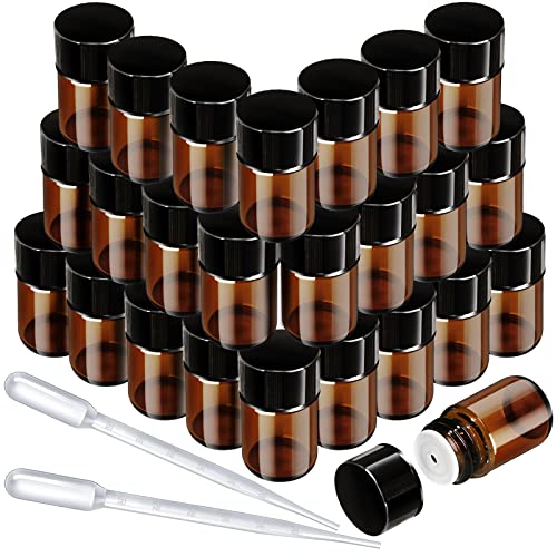 FANDAMEI 2 ml Braune Leere Glasflaschen, Fläschchen für Ätherische Öle, Mini Glasflasche mit Tropfer, Orifice Reducers, Perfekt für Ätherisches Öl, Spa, Massage, Aromatherapie, 25 PCS