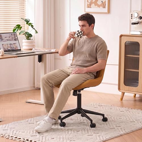 Image of YOUNIKE Office Desk Chair with Wheels Armless Vanity Chair Modern Tan | Faux Leather Upholstered with Rocking Back, Swivel Height Adjustable Small Cute Computer Rolling Task Chair Ergonomic 300lb