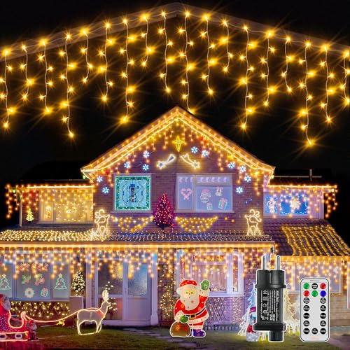 Ollny Eisregen Lichterkette Außen 15M 600 LED Weihnachtsbeleuchtung Außen mit Stecker Fernbedienung Wasserdicht 8 Leuchtmodi Lichterkette...