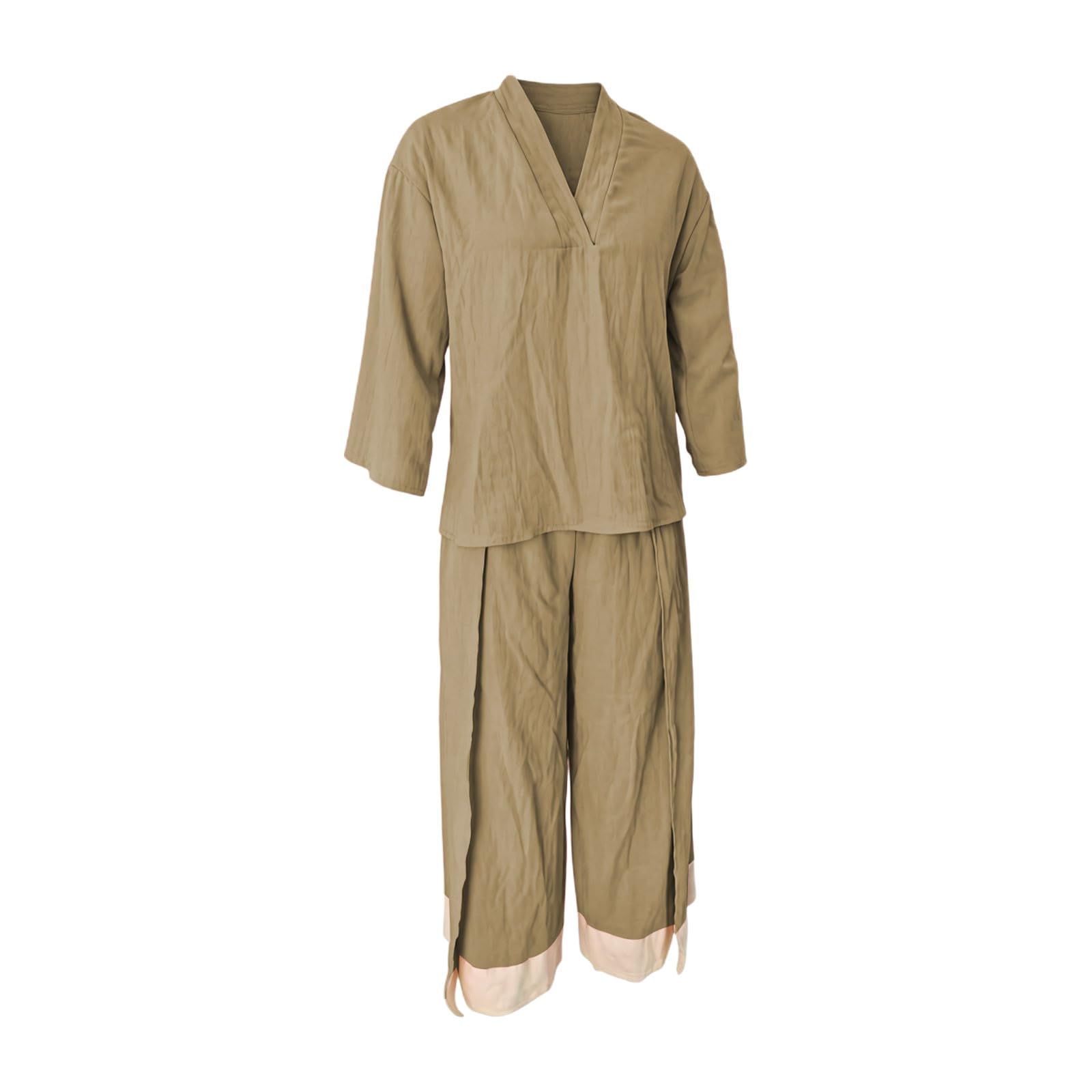 Generisch Damen Sommeroutfit mit französischem Kragen Bluse weiter Hose – leichtes atmungsaktives Set für Reise Büro Freizeit Alltag Date Shopping (Khaki, M)