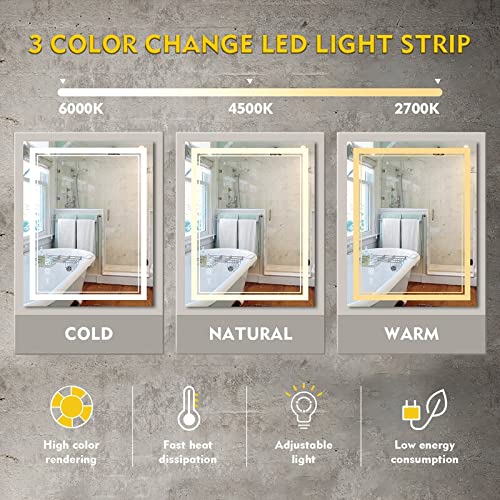 Image of LED Bathroom Mirror with Light 3 Color Mode (Warm /Natural /Cool), Anti-Fog Wall Mounted Smart Mirror, Touch, Vanity Mirror for Bathroom & Dressing Room (60 x 100 CM)