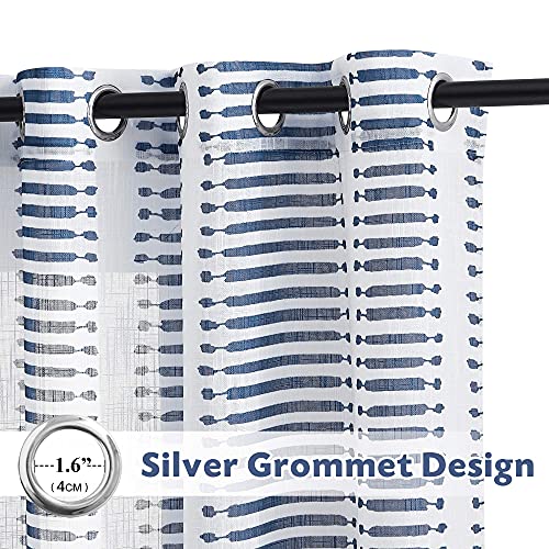 Pony Dance Curtains 95 Inch Long - Window Semi Sheers Faux Linen Textured Curtains Voile Light Filter With Slub Pattern Croix Striped Decor Match With Drapes, 50''W X 95''L In, Navy Blue, Set Of 2 #TOP2