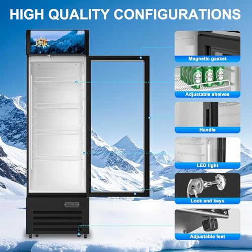Commercial Beverage Refrigerator 1 Glass Door, 12.3 Cu.ft Commercial Upright Display Merchandiser Refrigerator, Beverage Cooler with LED Light, Lock Wheels, Adjustable Shelf for Bar, Shop - Image 5