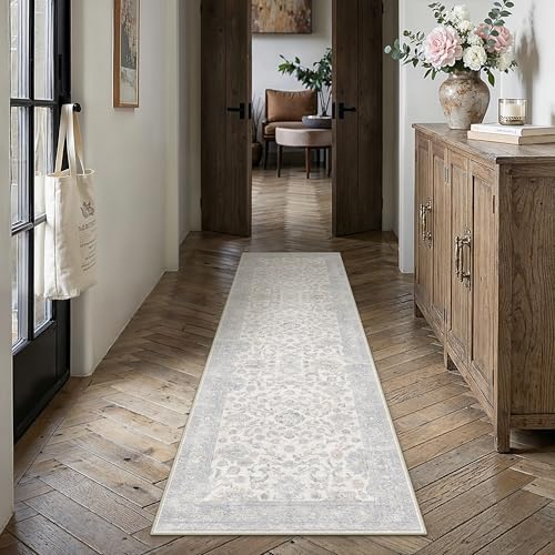 2x8 Blue Washable Runner Rug for Living Room Bedroom Neutral Soft Floral Non Slip Runner Rug Lightweight Vintage Low Pile Distressed Runner Kitchen Ha