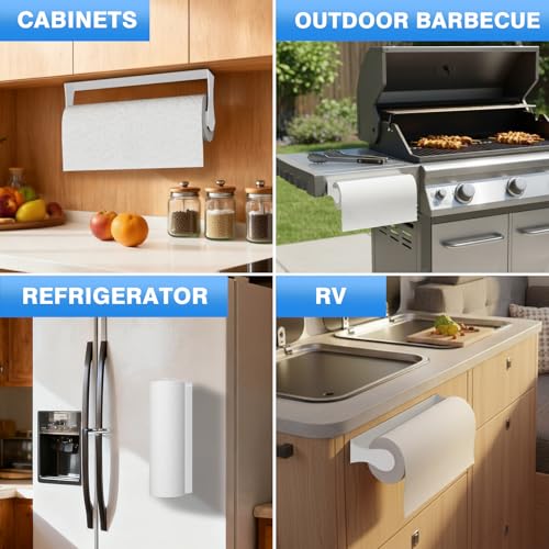 Image of Paper Towel Holder Under Cabinet, Adhesive or Screw Mount, Fits Standard & Mega Rolls, Wall Mount Rack for Kitchen, Bathroom, RV, White