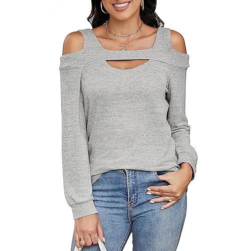 Heersan Camiseta Mujer Manga Larga Camisa Hombros Descubiertos Pullover Túnica Escote Cuadrado Top de Punto Otoño Nueva Llega