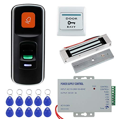 NN99 Kit de sistema de control de acceso por huella digital biométrico RFID 125 KHz + 180KG Cerraduras magnéticas eléctricas + Fuente de alimentación + 125KHz RFID Llaveros para el hogar