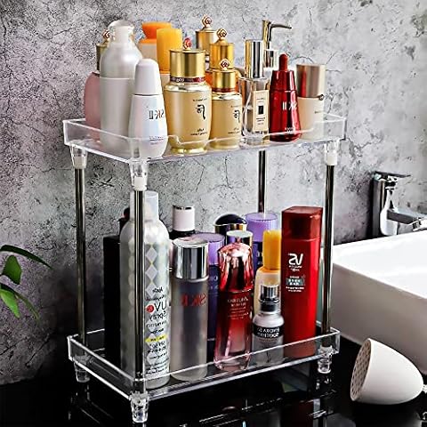 AfooBezos 2-Tier Storage Shelves, Multifunctionl Vanity Makeup Organizers, Clear Display Tray Caddy Stand for Bathroom Kitchen Bedroom Office Cover