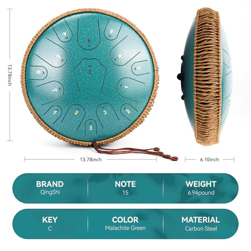 Image of Steel Tongue Drum-14 Inch 15 Notes Tongue Drums, Steel Drum Instrument for Adults, Handpan Drums with Music Book, Handpan Drum Mallet, and Carry Bag, C Major (Malachite Green)