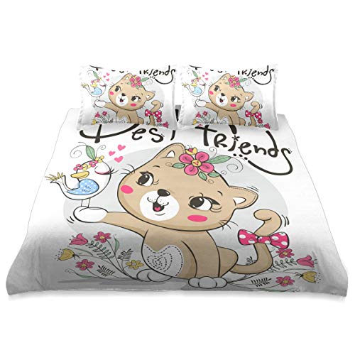 Cute Cat Girl and Bird in Garden Comforter Set King Size Cover Comforter Set Cover All Season Soft and Comfortable Bedding Set Cover Cover,90x104in