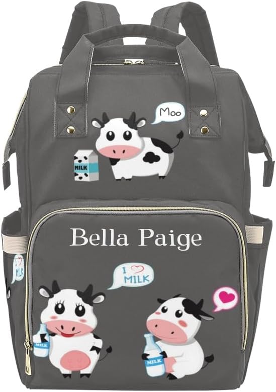 Personalized Diaper Bag Backpack Name Cow Cartoon Cute Farm Milk Animal Multifunction Travel Backpack Nappy Bag Daypack for Mom Dad Boy Girl
