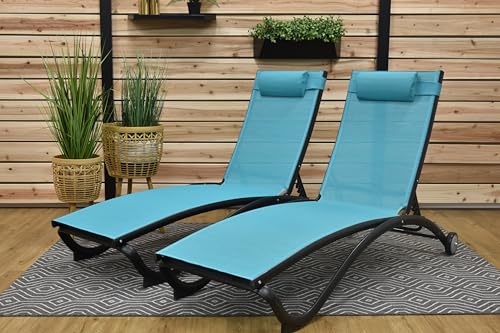 Image of Vivere Reclining and Stackable Aluminum Glendale Lounger Set, Made with Premium Durable Outdoor Fabric - 330 Lb Capacity (Blue Hawaii)