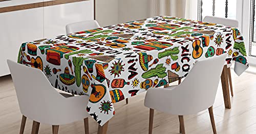 Ambesonne Mexican Tablecloth, Viva Mexico Lettering Print Of Folkloric Elements Poncho Tequila Salsa And Hot Peppers Art, Rectangular Table Cover For Dining Room Kitchen Decor, 60" X 90", Orange Brown #TOP5