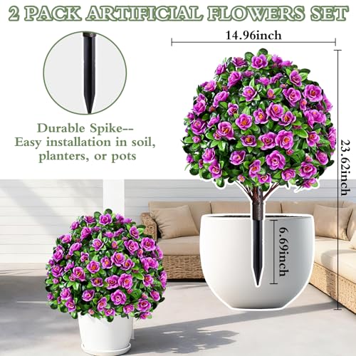 Waipfaru 2 Pack Artificial Flowers Topiary Ball Trees for Outdoors, 24\" Fake Bushes Plants, UV Resistant Faux Shrubs with Ground Spike for Front Porch Planters Patio Garden Yard Decor(Fuchsia)