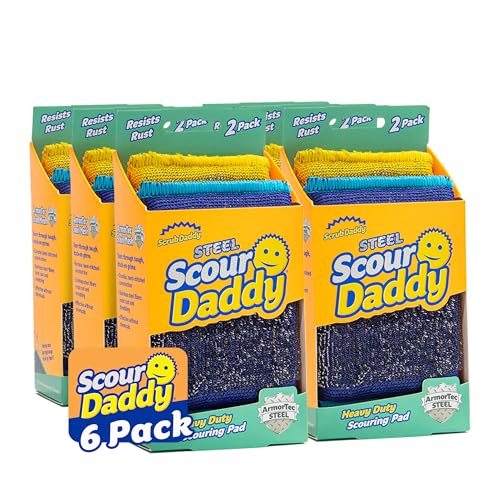 Scrub Daddy Steel Scouring Pad Scrub Sponges - Stainless Steel Scour Daddy - Stainless Steel Fibers Do What Scrubbing Sponges Cant - Durable Shred-Resistant Scrubbing Pads - 2 Count (6 Pack)